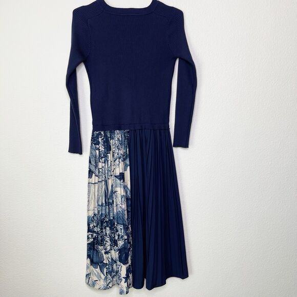 Dalia Macphee Dress Medium Midi Rib Sweater Nautical Spode Italy Print Pleated - Picture 10 of 10